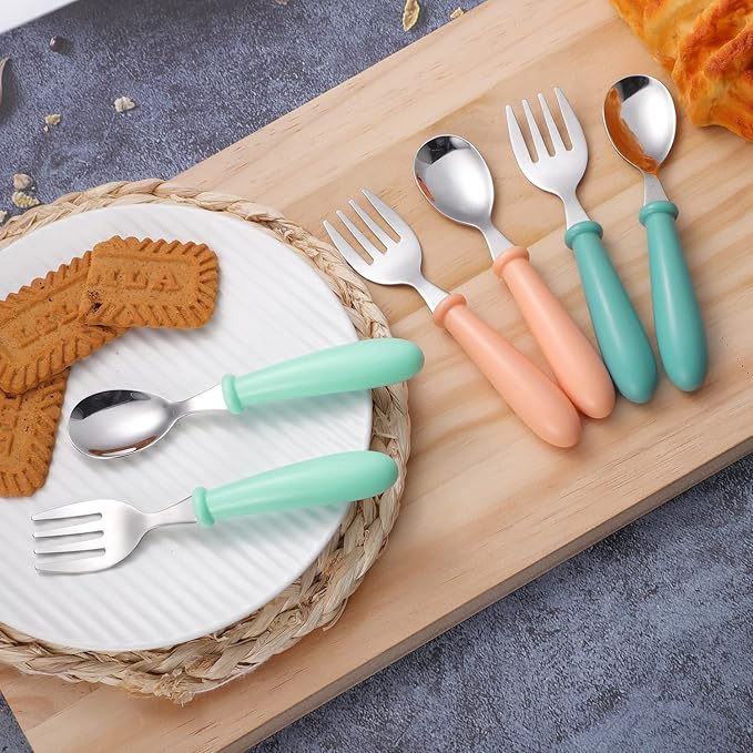 Pimoys 6 Pieces Toddler Utensils Stainless Steel Baby Forks and Spoons Set Kids Silverware Children's Flatware Metal Cutlery Set with Round Handle, 3 x Cute Forks,3 x Children Spoons
