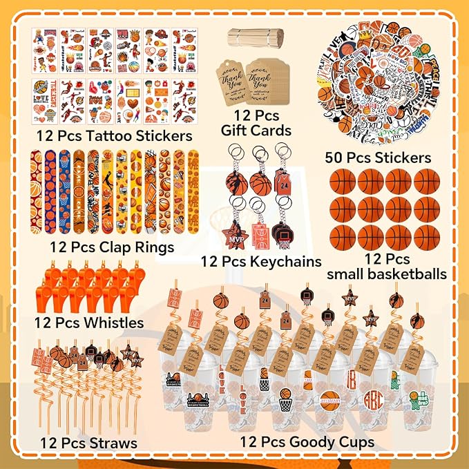 Basketball Party Favors, 172 pcs Birthday Party Supplies contains Cups, Straws, Whistles, Bracelets, Keychains, Stickers, Soft Balls, Tatoo Stickers, Thank You Tags for Sport Themed Birthday Decors