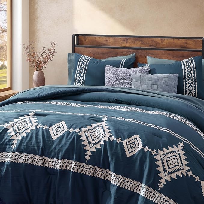 MaiRêve Embroidery King Size Comforter Set Navy Blue, Boho Farmhouse Western Bedding Set 7 Pieces, All Season Bed in A Bag Comforter Set with Sheets, Pillowcases & Shams