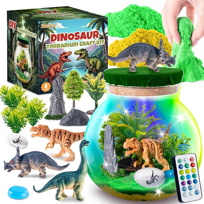 Hollyhi Light Up Terrarium Kit for Kids, DIY Dinosaur Toys for 3 4 5 6 7 8 9 10 11 12 Year Old Girls Boys, Night Light Dinosaur Terrarium Kit Arts and Crafts for Girls, Kids Christmas Birthday Gifts