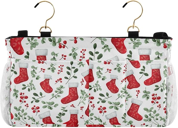 Red Stockings Holly Christmas Bedside Caddy for Dorm Bed Bedside Hanging Caddy Bag Iron Frame Storage Organizer Pocket for Bunk Home College Hospital Beds 2 Hooks