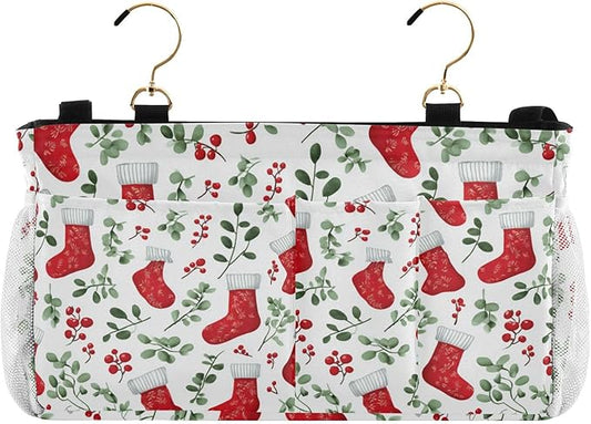 Red Stockings Holly Christmas Bedside Caddy for Dorm Bed Bedside Hanging Caddy Bag Iron Frame Storage Organizer Pocket for Bunk Home College Hospital Beds 2 Hooks