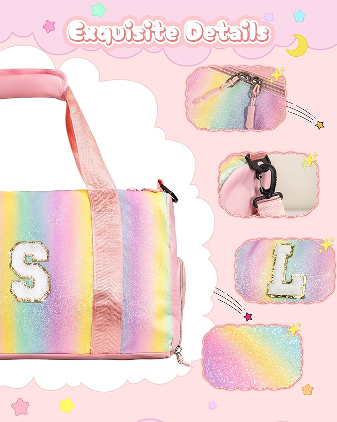 Birthday Gift for Daughter-Girl Gym Bag with Shoe Compartment, Kid Weekender Dance Bags, Initial Travel Tote with Makeup Pouch, Valentines Gifts for 5 6 7 8 9 10 11 Year Old Girls (Letter A)