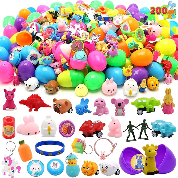 JOYIN 200 Pcs Prefilled Easter Eggs with Novelty Toys and Stickers, Filling Treats, Easter Eggs Hunt, Basket Stuffers Fillers, Theme Party Favor, Classroom Prize