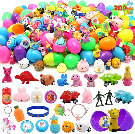 JOYIN 200 Pcs Prefilled Easter Eggs with Novelty Toys and Stickers, Filling Treats, Easter Eggs Hunt, Basket Stuffers Fillers, Theme Party Favor, Classroom Prize