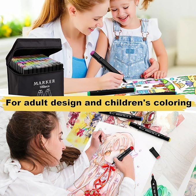 Alcohol Markers Set, 100 Colors Dual Tip Art Set for Kids Sketching Adult Coloring, Permanent Drawing With Case and Holders