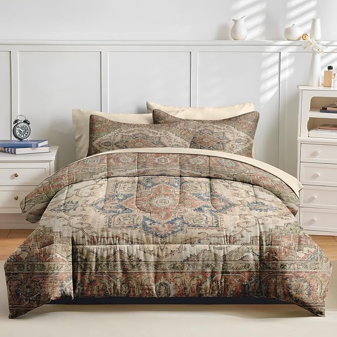 Comforter Set Twin Size, Vintage Medallion 5 Pcs Bedding for Kids and Adults, Oriental Floral Bed Sheet Sets with Fitted Sheet Pillowcases & Shams for Bedroom Bed Decor