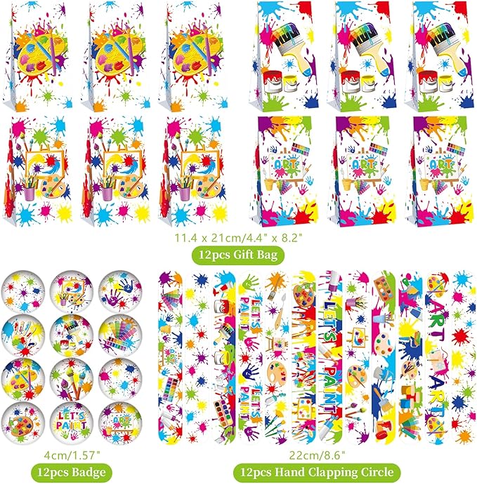 121PCS Art Party Favors Set, Paint Party Favors for Kids, 49 Stickers, 12 Tattoo Stickers, 12 Button Badges, 12 Mini Notepads, 12 Slap Bracelets, 12 Keychains, 12 Goodie Bags for Boys Girls Painting
