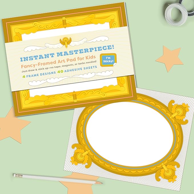 Knock Knock Kids Instant Masterpiece! Sticky Art Pad: Fancy-Framed Art Pad for Kids (40 Adhesive Sheets, 10 Each of 4 Styles), 10 x 8-Inches
