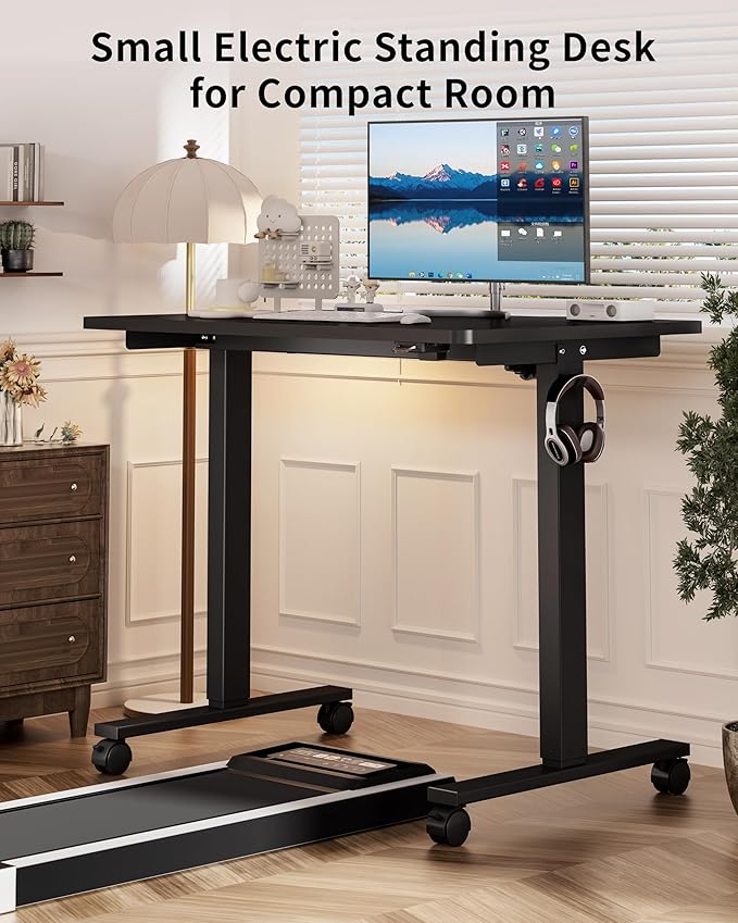 Okin Electric Standing Desk, 40 x 24 Inches Whole Piece Height Adjustable Desk, Black Sit to Stand Desks Computer Workstation with Wheels for Home Office