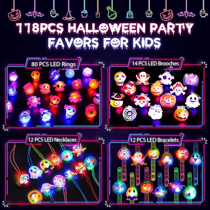 Halloween Party Favors for Kids, 118PCS Halloween Light Up Toys including Necklaces Rings Bracelets Brooches, Glow in the Dark Halloween Toys Bulk, Halloween Goodie Bag Fillers Treats Classroom Favors