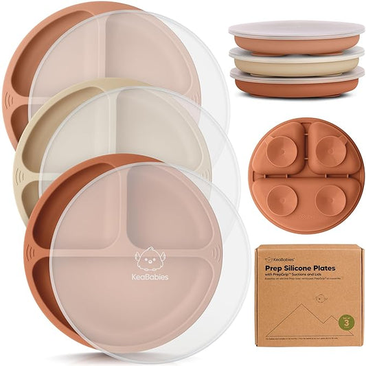 KeaBabies Suction Plates with Lids for Baby - 3-Pack 100% Silicone Suction Plates for Baby, Kids,Toddler Plates,Divided Baby Plates with Suction,Lids, BPA-Free, Microwave, Dishwasher Safe (Terracotta)