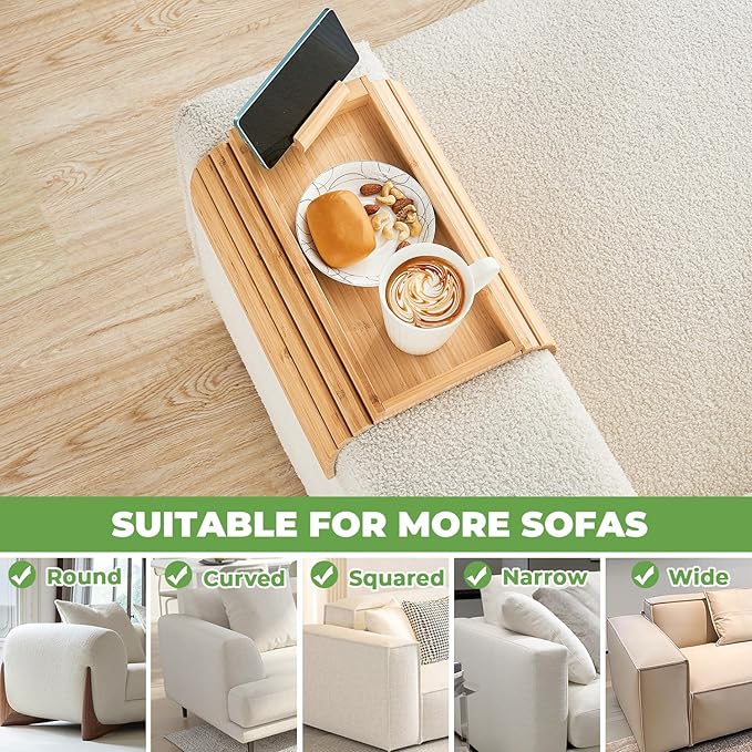 Bamboo Sofa Arm Tray, Anti Falling Couch Arm Tray Armrest Table with 360° Rotating Phone Holder, Foldable and Portable Sofa Armrest Trays Cup Holder for Drink,Cups, Phone, Snacks, Remote