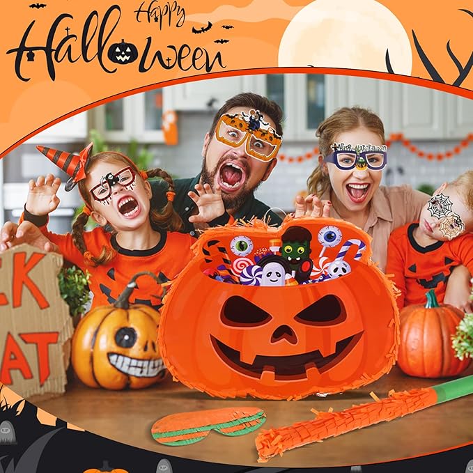 Jenaai 50 Pcs Halloween Piñatas Party Favors Include Large Piñatas with Blindfold Slap Bracelets Paper Eyeglasses Glow in the Dark Stickers and Stamper Halloween Party Supplies(Pumpkin)