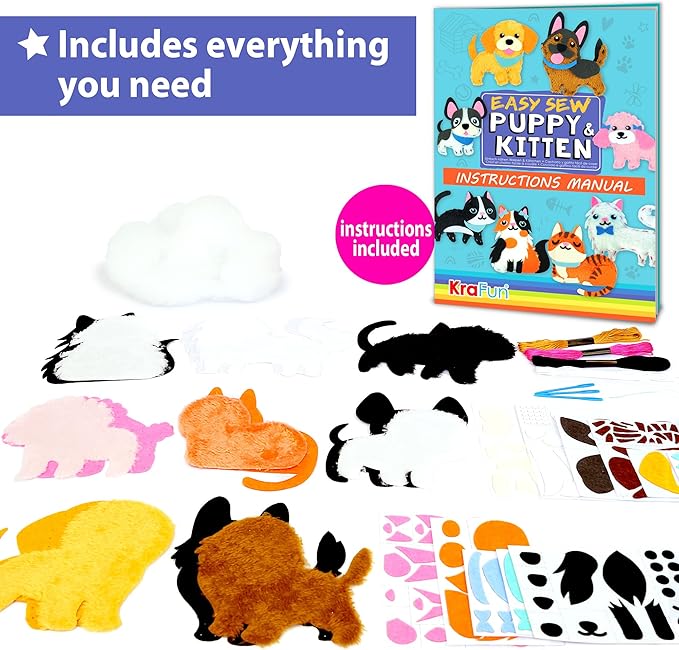 KRAFUN Easy Sewing Kit for Beginner Kids Arts & Crafts, 8 Easy DIY Projects of Stuffed Animal Dolls of Puppies & Kittens, Dogs and Cats, Instructions & Felt, Gift for Girls, Boys, Learn to Sew