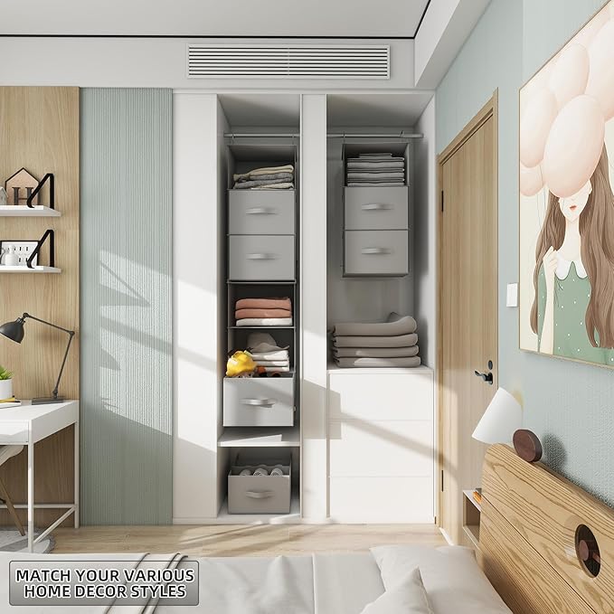 Twira 6-Shelf Hanging Closet Organizer, 2 Separable 3-Shelf Hanging Shelves, Hanging Storage with 3 Removanle Drawers 4 Side Pockets for Wardrobe, Nursery, Drom, Baby Clothes Organization Light Grey