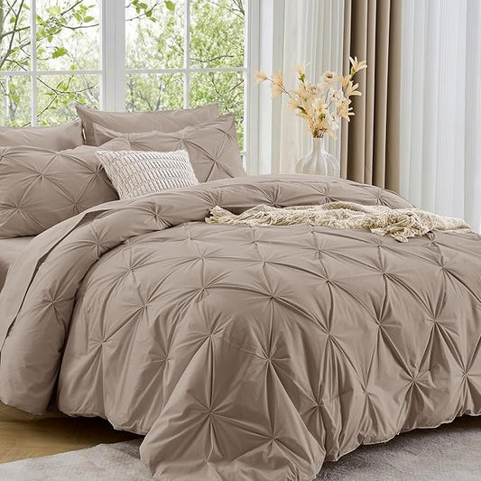 Sasttie Queen Comforter Set, 7-Piece Bed in a Bag, Pintuck Bedding Sets for All Season, Includes Comforter, Flat Sheet, Fitted Sheet, Pillowcases and Pillowshams, Dark Linen