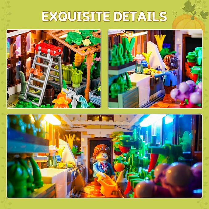 FUNWHOLE Botanical-Garden Greenhouse Lighting Building-Bricks Set - Farm Flower House Collection LED Light Model Display Set 1428 Pcs for Adults and Teens