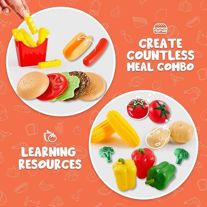 JOYIN 135Pcs Kids Play Food Set, Value Pretend Food for Play Kitchen with Fruit, Vegetable, Can, Dessert, Tableware, Bottles, Dramatic Plastic Toys for Toddler Boys Girls 3+ Years