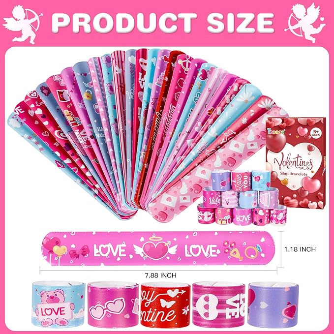48 Pcs Valentines Day Slap Bracelets with Colorful Hearts for Birthday Gifts for Kids Party Supplies Favors Classroom Exchange Birthday Giveaways Game Prizes Kids Party Favors