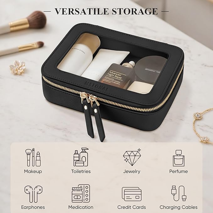 MSTONAL Clear Makeup Bag, Travel Toiletry Bag Cosmetic Case for Women, Waterproof Portable Make Up Skincare Pouch with Zipper, Compact Car Organizer Bag for Essentials, Medium Size, Black
