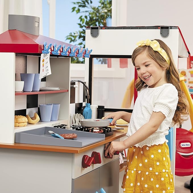 Little Tikes Real Wood Drive-Thru Diner Wooden Play Kitchen with Realistic Lights Sounds and Multi-Sided, 40+ Accessories Set, Gift for Kids, Toy for Girls & Boys Ages 3 4 5+ Years(Multi color)
