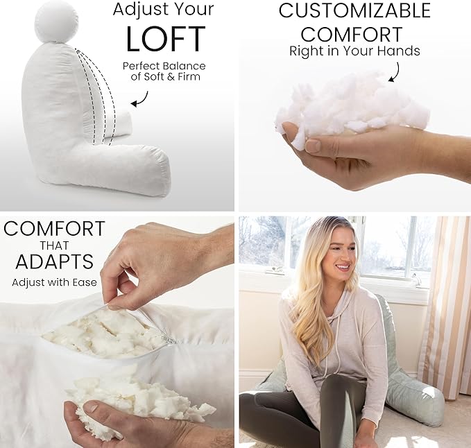 Husband Pillow Desert Sage, Original Reading Pillow in Bed Rest Chair, Shredded Memory Foam Large Lounge Cushion Adult Backrest with Arms, Comfy Back Support for Sit Sitting Up, Wash/Removable Cover