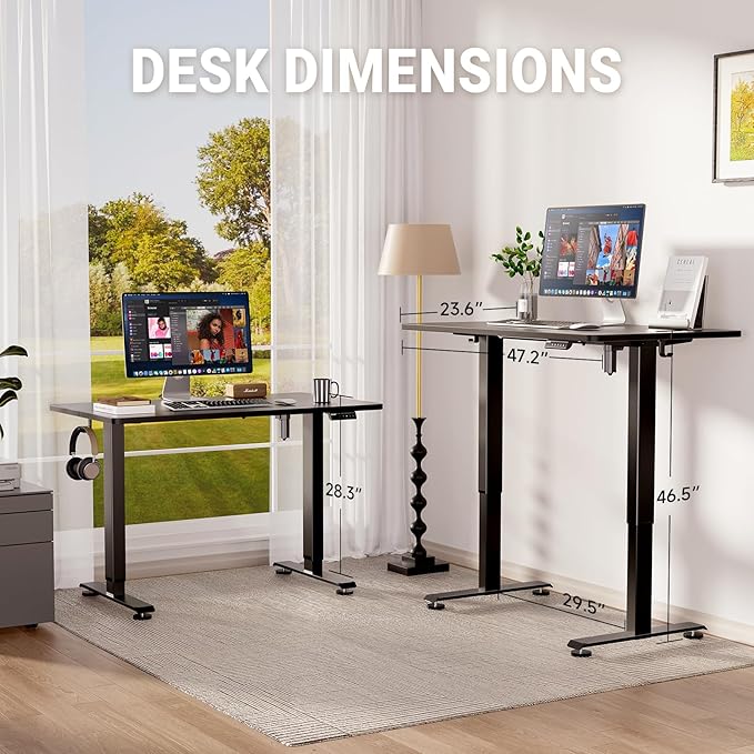 Veken 47.2" Standing Desk, Adjustable Height Office Desk with Wood Desktop, Computer Table for Home Work, Study and Gaming, Small Spaces, Modern Furniture, Black