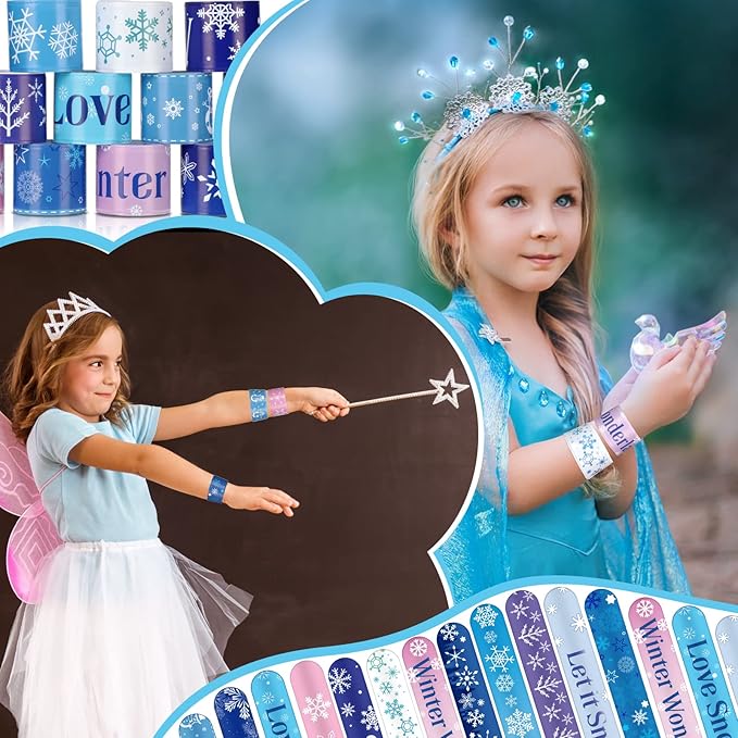 48 Pieces Snowflake Slap Bracelet Winter Theme Snowman Snap Bracelet Kids Party Favors Classroom Prizes Kids Bracelet Slap Bracelets Wristbands for Kids Children Winter Party, 12 Styles (Snowflake)