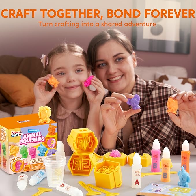 Klever Kits DIY Animal Squishies Kit, Mystery Box with 4 Surprise Characters Inside, Arts and Crafts, Squishy Toys for Kids Ages 6+