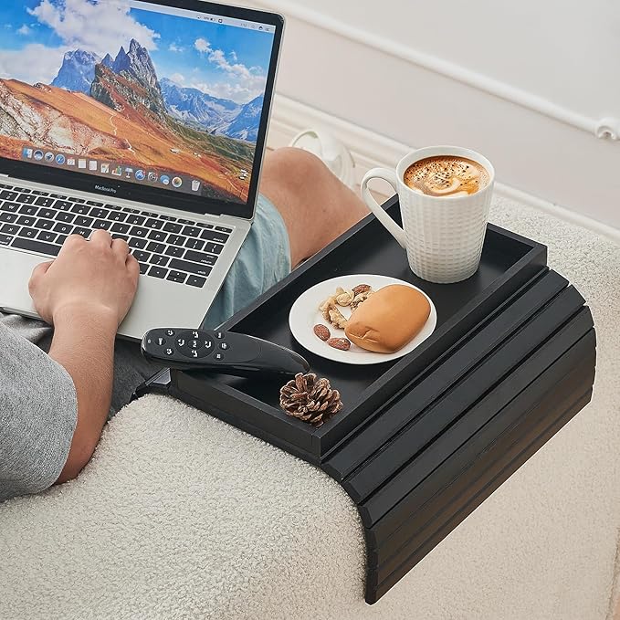 Bamboo Sofa Arm Tray, Anti Falling Couch Arm Tray Table, Foldable Couch Armrest Table, Portable Sofa Armrest Trays Cup Holder for Drink, Cups, Phone, Snacks, Remote