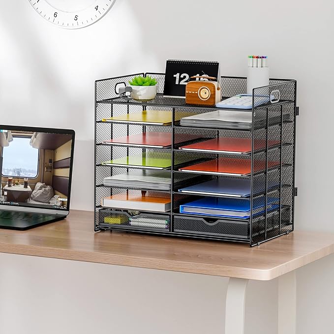 Marbrasse 7 Tier Desktop Literature Organizer, Mesh Paper Organizer, Desk Organizers with Drawer, File Sorter Mail Center Paper Storage Cabinet Classroom Keepers Mailbox for Office Home School (Black)
