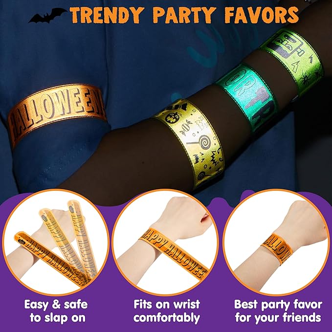 JOYIN 72 Pcs Halloween Slap Bracelets, Reflective Slap Bracelets Bulk for Kids Gifts, Friendship Bracelets for Halloween Goodie Bag Fillers, Halloween Party Favors School Classroom Game Prizes