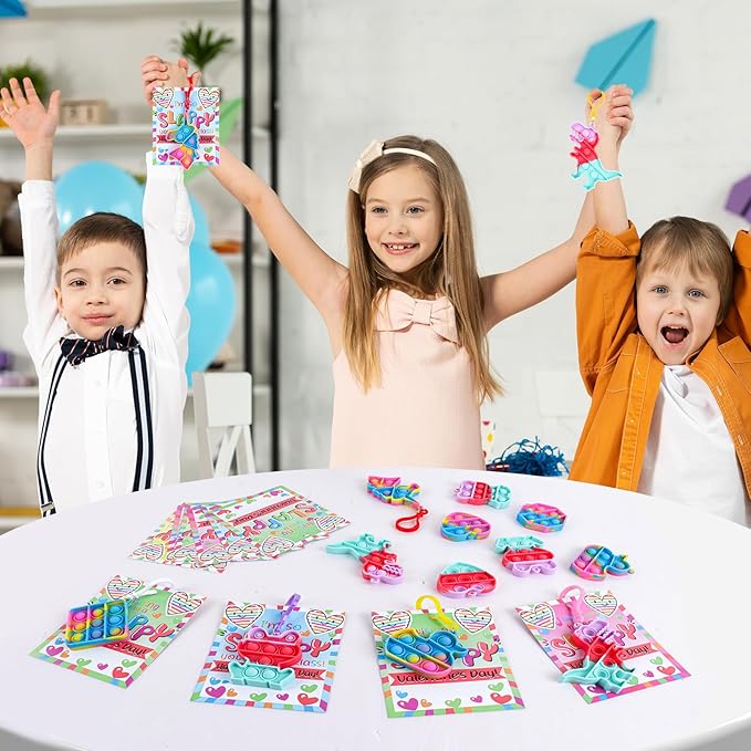 24 Packs Valentines Day Gifts for Kids,Valentines Pop Fidget Toys Bulk with Keychain for Kids School Class Classroom Valentines Day Cards Gifts Prizes Party Favors
