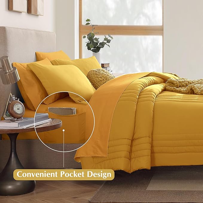 Monbix King Size Comforter Set - 7 Pieces Bed in a Bag King, Bright Yellow Bedding Sets with Comforter, All Seasons Comforter Bed Set with Sheets, Pillowcases & Shams