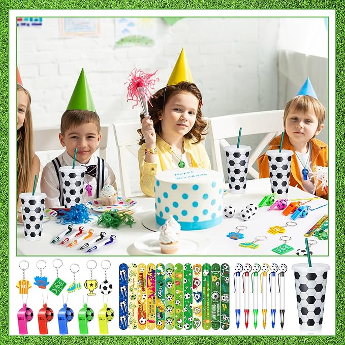 122 Pcs Soccer Party Favors Set Soccer Goodie Bags Stuffers Includes Cups with Straw Mini Stress Ball Keychains Slap Bracelets Whistles Stickers Pens for Birthday Party Supplies