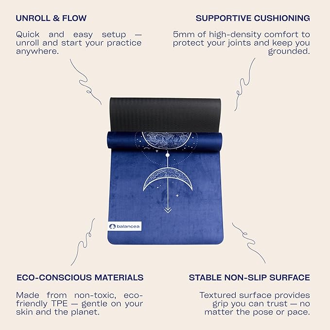 Yoga Mat With Strap 5mm Non Slip Suede & TPE - Eco-Friendly Fitness & Exercise Mat for Home Gym, Pilates, Hot Yoga, and Meditation - Lightweight Durable 72 x 24 inch Workout Mat for Women, Men