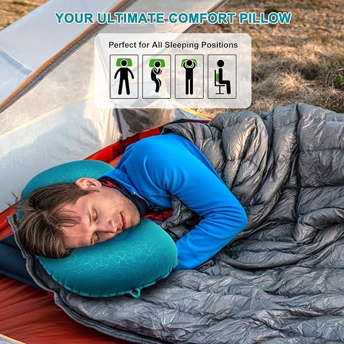 BreezCamp Inflatable Camping Pillow, Travel Blow Up Air Pillow, Neck Lumbar Support Ultralight Compact Pillow for Outdoor Hiking Backpacking Car Beach Airplane Sleeping Essentials, Peacock Blue