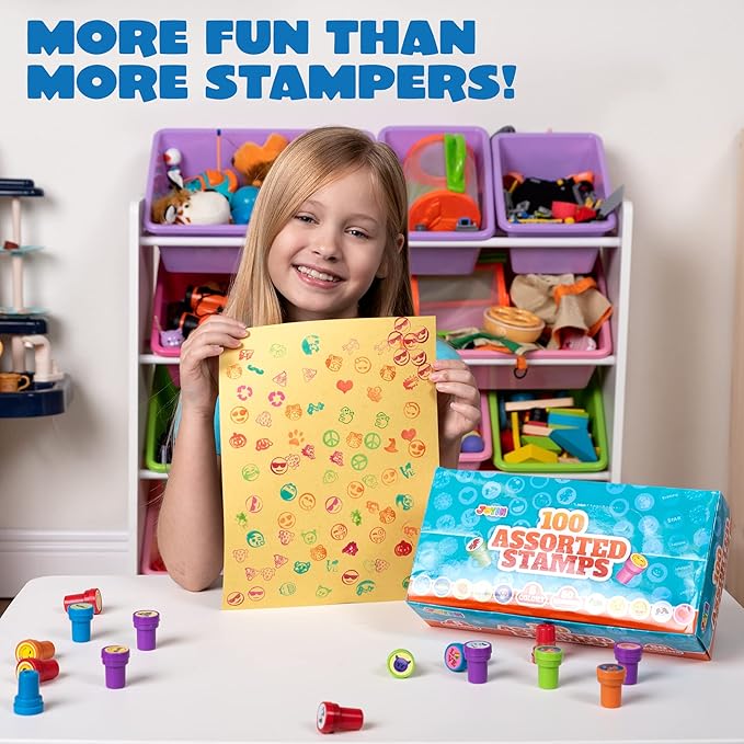 JOYIN 100PCS Assorted Stamps for Kids Self-Ink for Party Favor, Teacher Stamps, Kids Treasure Box, Prize for Classroom, Easter Egg Stuffers (50 Designs, Dinosaur, Halloween Stampers)