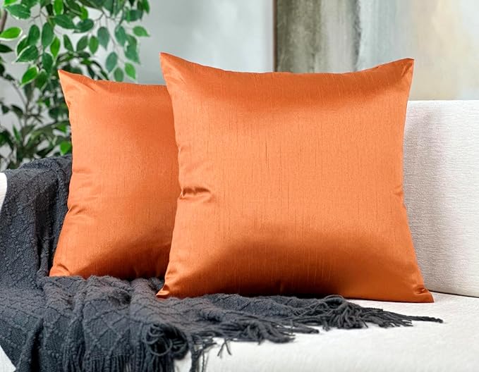 Aiking Home 18x18 Inches Faux Silk Square Throw Pillow Cover, Zipper Closure, Orange (Set of 2)
