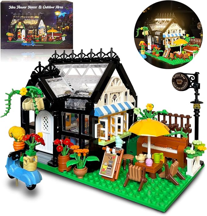 Flower Garden House Building Set with Led Lights,Greenhouse Model Playset City Street Flower Shop Building Blocks Kits for Adults Kids 8+ Present Black（475PCS ）