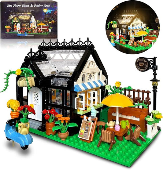 Flower Garden House Building Set with Led Lights,Greenhouse Model Playset City Street Flower Shop Building Blocks Kits for Adults Kids 8+ Present Black（475PCS ）