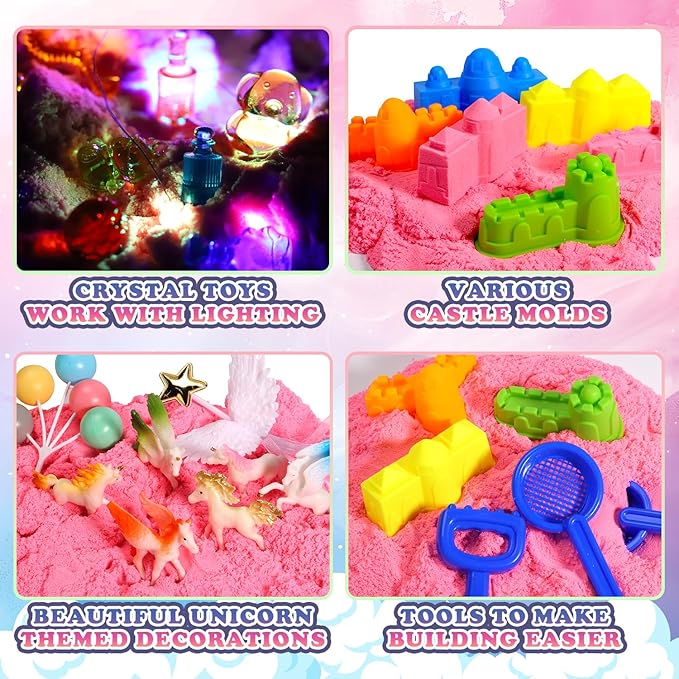 GAIETYDIY Unicorn Magic Sand Kit for Girls, Sensory Bins for Toddlers with LED Light, 2.2lbs Sensory Sand, Castle Decoration, Sandbox with lid, Unicorn Play Set, Beach Toy Gift for Kids 3 4 5 6 7 8…