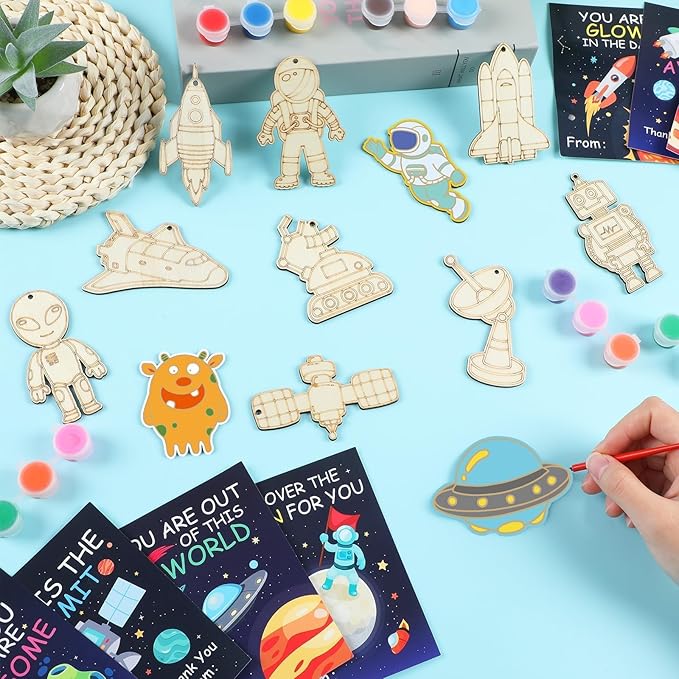 24Pcs Space Party Favors Space Cards with Art Supplies Outer Space DIY Wood Painting Craft Kits Astronaut Thank You for Coming Gifts for Kids Boys Girls Solar System Birthday Gift Bulk (Pre-Assembled)