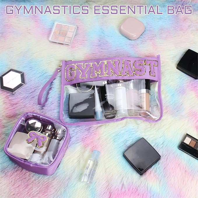 BuyCard 2 Pcs Gymnastics Gifts Cosmetic Makeup Bag with Chenille Letter Patch, Clear Pouch PVC Organizer Purse, Waterproof Travel Bag, Portable Toiletry Storage Bag for Her Girls Friends Women