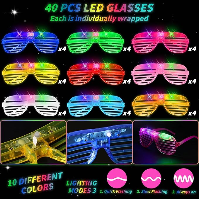 76 Pcs Glow Sticks Light Up Pop Tubes &LED Glasses Party Favors, Glow Bracelets Necklaces Camping Toys, Rave Neon Flashing Glasses for Birthday Return Gift Goodie Bag Christmas Stuffer School Prizes