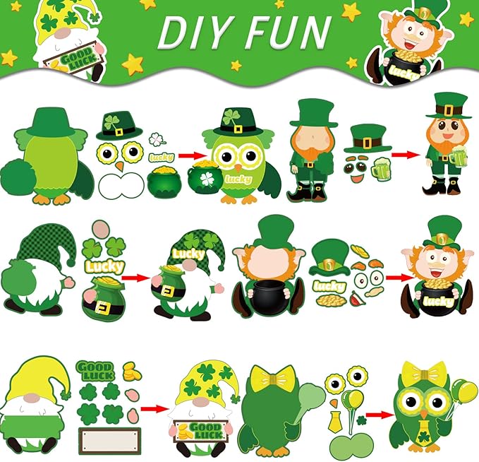 chiazllta 30 PCS St. Patricks Day Craft Kits for Kids DIY Leprechauns Shamrock Owl Gnome Sticker Craft Ornament St. Patricks Art Craft for Party Home Class School Game Activities
