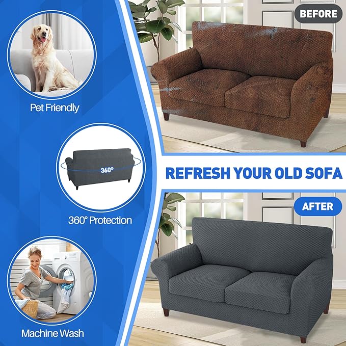 MAXIJIN 3 Piece Jacquard Couch Covers for 2 Cushion Couch Stretch Non Slip Love Seat Couch Cover for Dogs Pet Friendly Elastic Furniture Protector Loveseat Slipcovers (Loveseat, Dark Gray)