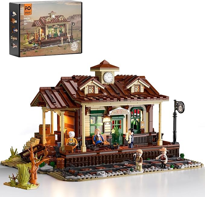 FUNWHOLE Wild West Train Station Lighting Building-Bricks Set - 1975 Pcs Collectible Train Playset for Adults and Teens