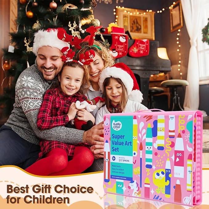 KIDDYCOLOR Kids Art Set, Drawing Art Supplies for Girls & Boys Ages 4-8 with Watercolor Cakes, Oil Pastels, Colored Pencils, Ideal Gift for Young Artist, Pink-217pcs